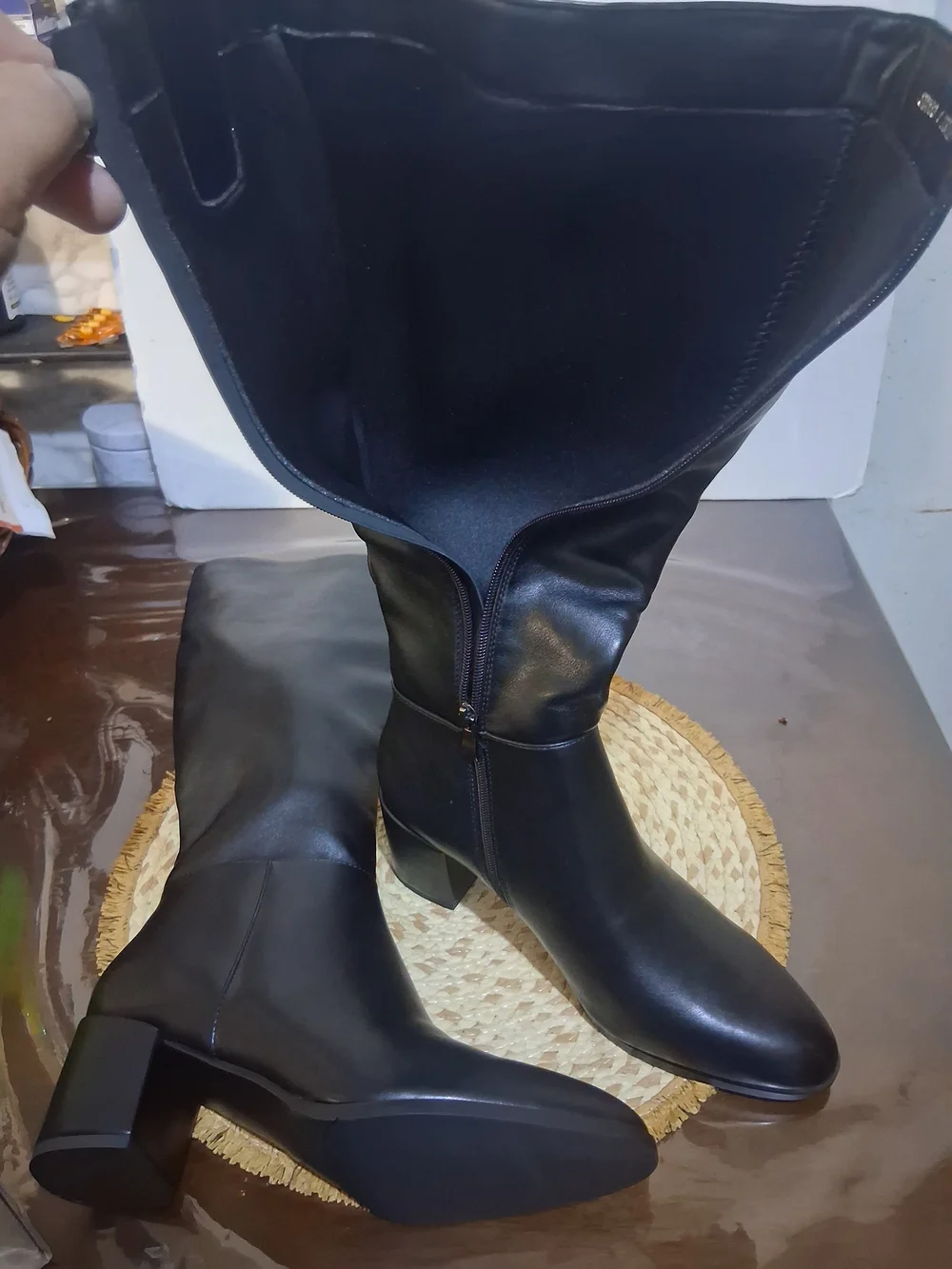 Women's knee-high boots, block heel, round toe, side zipper